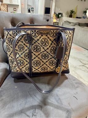 Tan and Blue Logo Jacquard Tote Bag